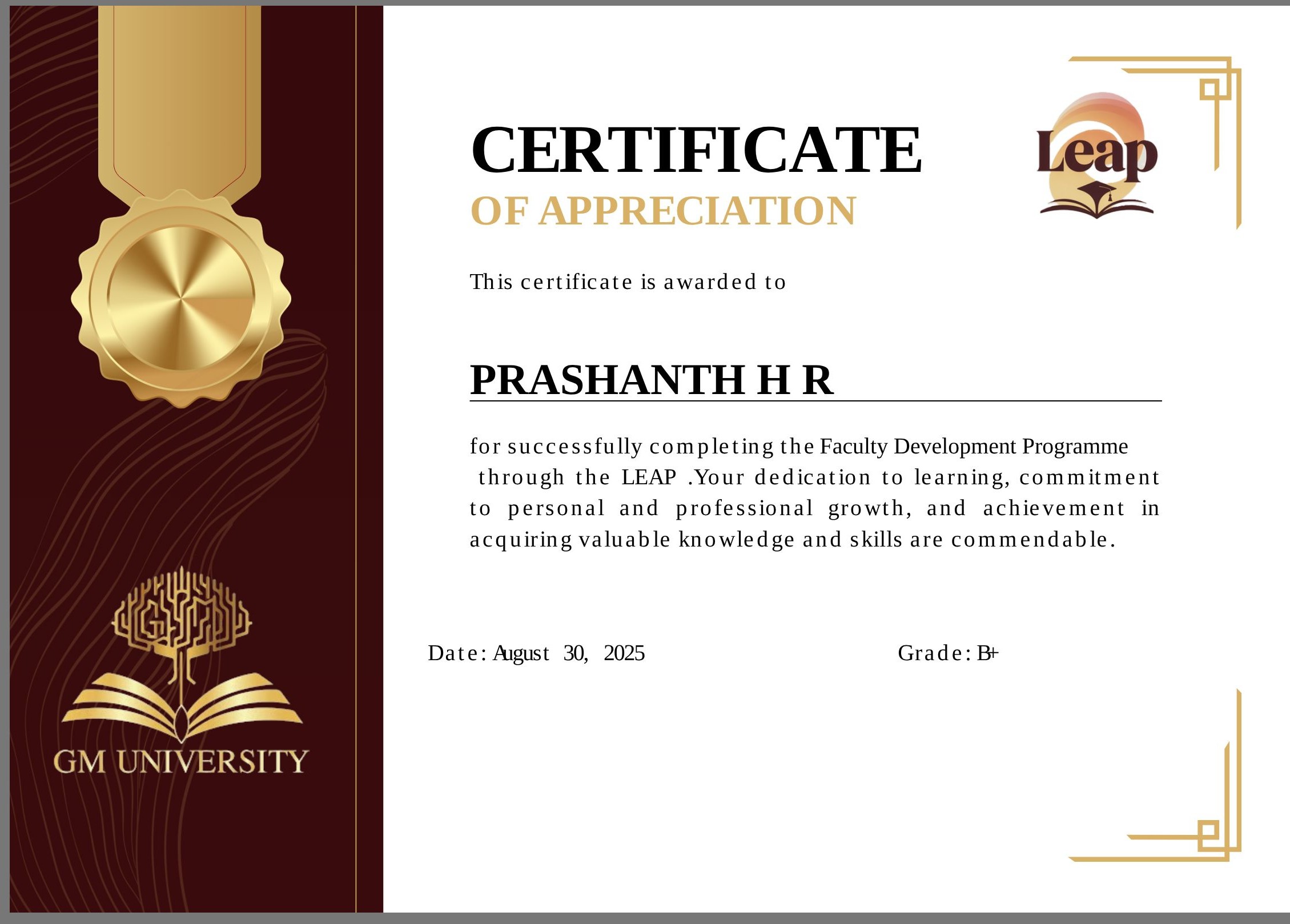 Prashanth H R Faculty Development Certificate